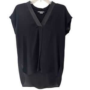 Vince Sleeveless Black Silk V Neck Top Lamb Leather Trim XXS